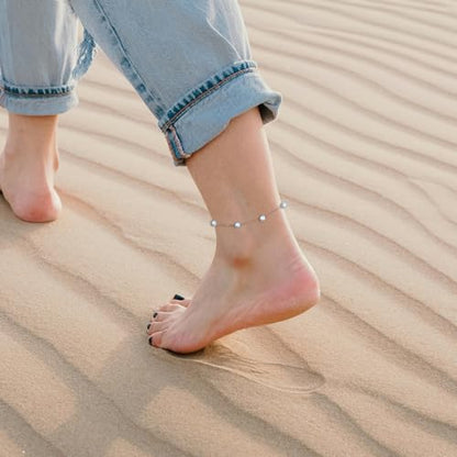 14k Gold Plated Pearl Ankle Bracelets for Women, Dainty Waterproof Anklets