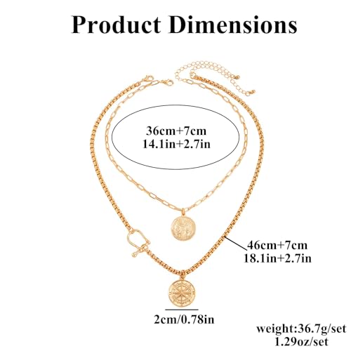 QCWN Gold Layered stacked Necklaces for women 3PS Chunky Statement Necklaces Stack Mixed Metal Charm Necklace for Women Trendy Coin Jewelry Gift for Her Gifts - style: Layered stack 7
