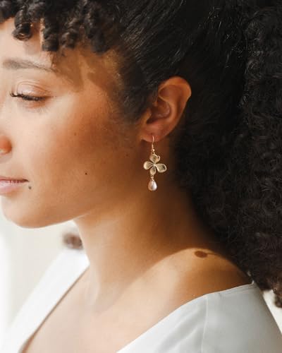 Plenky Pearl Earrings-14K Gold Plated Dainty Pearl Drop Simple Wedding CZ Dangle Dangling Cute Stud Earrings for Brides Earrings for Women Gifts - style: Pearl Flower Earrings