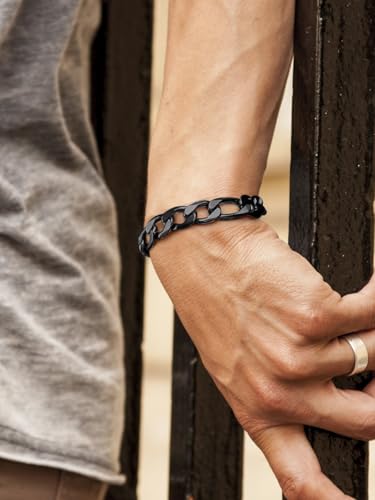 ChainsHouse Figaro Link Chain Bracelet for Men Stainless Steel Jewelry | Black/ Gold Bracelets Men, 6/9/13mm Figaro Cuabn Bracelets 7.5"/8.3", Chunky Hip Hop Wrist Hand Chain Bracelet for Gift - color: i: 13mm-black