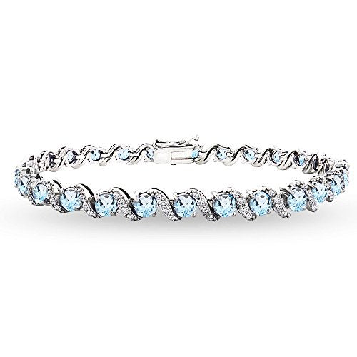 B. BRILLIANT Sterling Silver Genuine, Created or Simulated Gemstone Round S Design Tennis Bracelet for Women - color: Blue Topaz - Sterling Silver