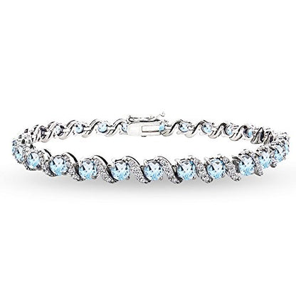 B. BRILLIANT Sterling Silver Genuine, Created or Simulated Gemstone Round S Design Tennis Bracelet for Women - color: Blue Topaz - Sterling Silver