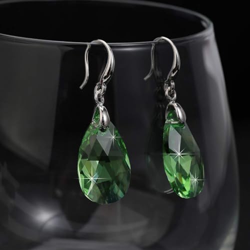 Austrian Crystal Teardrop Dangle Hook Earrings for Women 14K Gold Plated Hypoallergenic Jewelry - color: Green