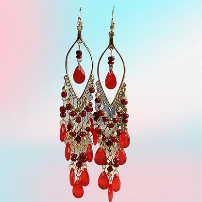 Essencedelight Crystal Beaded Tassel Earring Long Beaded Dangle Earring Fringe Hook Earring for Women Bridal Wedding - color: red