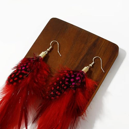 Bohemian Feather Dangle Earrings for Women with Shell Beads Long Tassel Design Drop Earrings - style: Style-Red