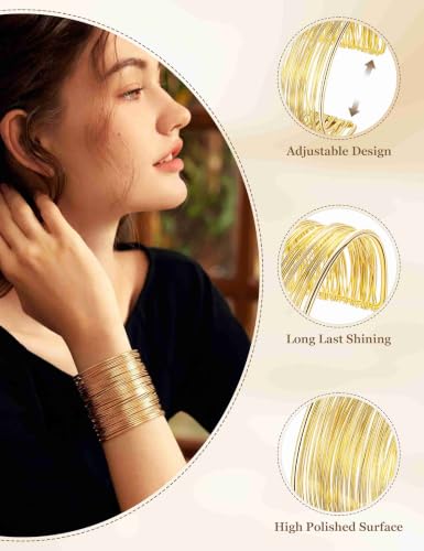 2 Pcs Gold Cuff Bangle Bracelet Set for Women Irregular Minimalist Statement Bangle Bracelets Wide Open Chunky Wire Bracelets Wrist Cuff Adjustable Hammered Bracelet - color: Gold D