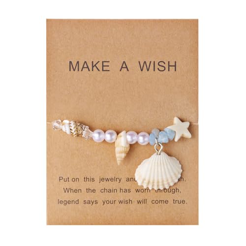 Handmade Natural Shell Starfish Beads Bracelets with a Wish Card Bohemia Sweet Seashell Conch Pearl Charm Bracelets for Women Boho Sea Themed Summer Beach Surfer Vacation Jewelry Gifts - style: StyleG