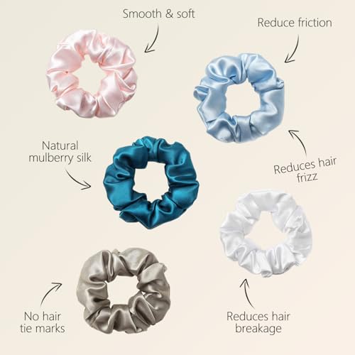 ZIMASILK 100% Pure Mulberry Silk Hair Scrunchies for Women | No Damage - Gentle Elastic Hair Ties for Ponytail Holder - Hair Accessories (5 Pack) - color: Light Blue, Turquoise, Pink, White, Taupe (5pcs)