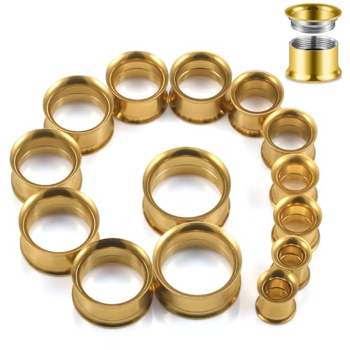12G-25mm Double Flared Gauges Tunnels Stretching Kit 316L Surgical Steel Ear Gauges Plugs Earring Lobe flesh Tunnel Gauge Stretcher Silver Black Gold Color Tone - color: Gold, size: 0g/00g/12mm14mm/16mm/18mm/20mm