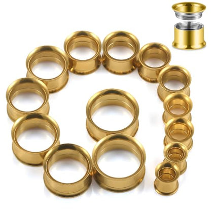 12G-25mm Double Flared Gauges Tunnels Stretching Kit 316L Surgical Steel Ear Gauges Plugs Earring Lobe flesh Tunnel Gauge Stretcher Silver Black Gold Color Tone - color: Gold, size: 0g/00g/12mm14mm/16mm/18mm/20mm