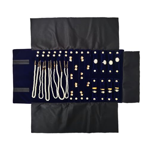 Travel Roll Bag Jewelry Display Storage Organizer Multi-function Velvet Pouch (Blue) - color: Blue
