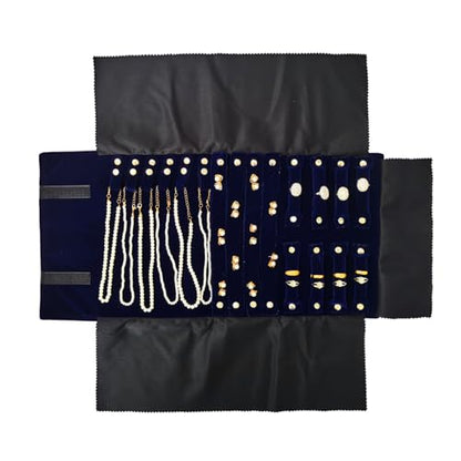 Travel Roll Bag Jewelry Display Storage Organizer Multi-function Velvet Pouch (Blue) - color: Blue