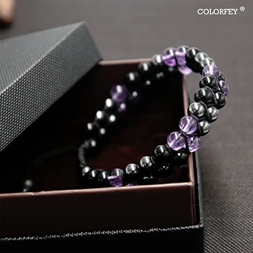 Triple Protection Bracelet for Women, Genuine Healing Crystal Bracelet Amethyst Black Obsidian Hematite 6mm, Pyramid Energy Crystal Beads Bracelets Stone Bracelets for Mom Wife for Protection Balance