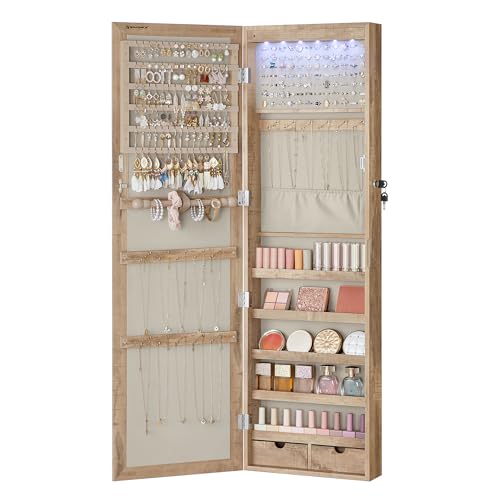 SONGMICS 6 LEDs Mirror Jewelry Cabinet, 47.2-Inch Tall Lockable Wall or Door Mounted Jewelry Armoire Organizer with Mirror, 2 Drawers, 3.9 x 14.6 x 47.2 Inches, Toasted Oak Color UJJC093N01 - color: Toasted Oak Color, size: 47.2"H