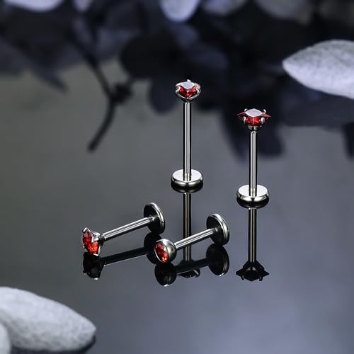 Titanium Flat Back Lip Rings Internally Threaded Earrings Studs Nose Rings 20G 18G 16G Round Heart Square CZ Tragus Cartilage Lobe Rook Helix Conch Labret Medusa Piercing Jewelry for Women Men - color: Red CZ, size: 16G-6/8/10mm