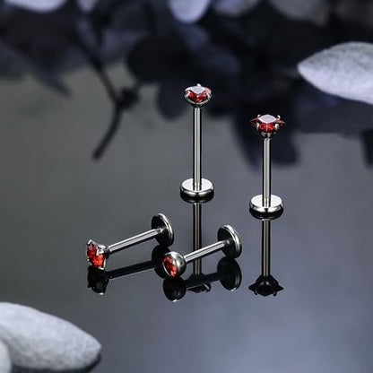 Titanium Flat Back Lip Rings Internally Threaded Earrings Studs Nose Rings 20G 18G 16G Round Heart Square CZ Tragus Cartilage Lobe Rook Helix Conch Labret Medusa Piercing Jewelry for Women Men - color: Red CZ, size: 16G-6/8/10mm