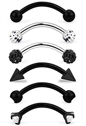 6-12 Pcs 16G Stainless Steel Eyebrow Piercing Rings Clear CZ Curved Barbell Helix Daith Piercing Body Jewelry for Women Men - style: 5/16"(8mm) black