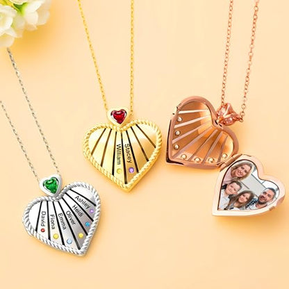 AILIN Custom Heart Locket Necklace With Picture Brass Personalized Mom Necklace With 1-6 Birthstones&Names Memorial Photo Necklace Mothers Day Jewelry Birthday Gifts for Women Grandma