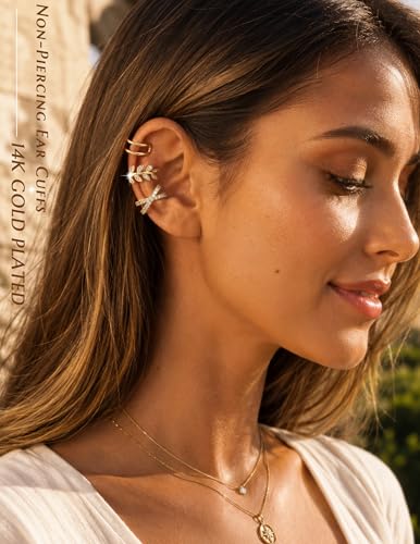 Ear Cuffs Non Piercing 14K Gold Plated Clip on Cartilage Earring for Women - Adjustable Lightweight Fake Piercings Ear Cuff Earrings Hypoallergenic Non Tarnish Earrings Jewelry