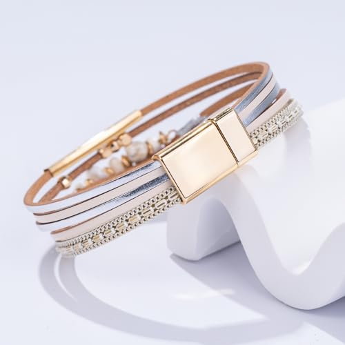 Boho Gemstone Beaded Leather Wrap Bracelets Stackable Chunky Cuff Bracelet Western Jewelry Cowboy Chic Country Concert Outfits for Women - color: White