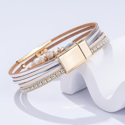 Boho Gemstone Beaded Leather Wrap Bracelets Stackable Chunky Cuff Bracelet Western Jewelry Cowboy Chic Country Concert Outfits for Women - color: White