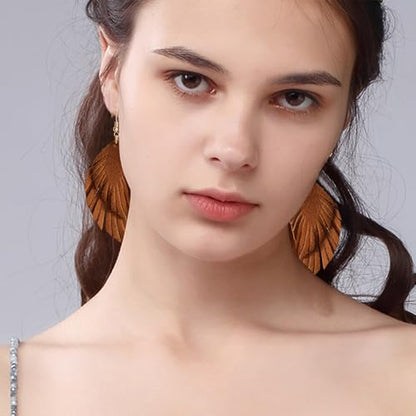 Handmade Bohemian Large Soft Genuine Leather Fringe Double Feather Dangle Drop Earrings Lightweight Simple Color PU Leaf Hook Earrings for Women - color: Brown