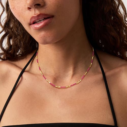 MTMY Beaded Gemstone Choker Necklace for Women | 14K Gold Plated, Colorful Natural Stone, Bead Chain, Boho Summer Beach, Handmade Jewelry - color: Ruby