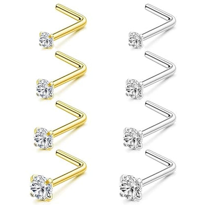 8Pcs Nose Rings Studs Set for Women Men: Hypoallergenic G23 Titanium/316L Surgical Stainless Steel Nose Studs, Nickel-free Lead-free L Shaped Corkscrew Nose Piercing Jewelry CZ 1.5mm 2mm 2.5mm 3mm - style: Titanium 8Pcs 20G L Shaped Gold/Silver