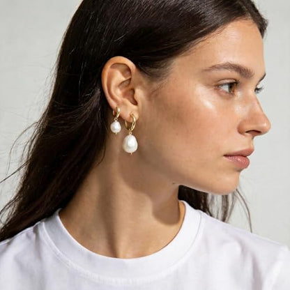 3 Pairs Huggie Hoop Pearl Earrings for Women, 14K Gold Plated Drop Dangle Earring Stackable Dainty Trendy Jewelry Set