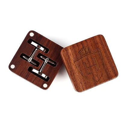 Mens Initial Silver Cufflinks A-Z Alphabet Letter Steel Cuff Links with Engraved Walnut Wood Box Groom Groomsman Wedding Set… - style: H