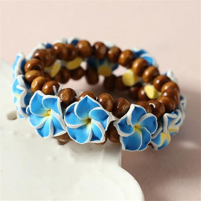 Hawaiian Plumeria Rubra Wooden Beaded Bracelet for Women Boho Polymer Clay Plumeria Flower Stretch Bracelet Summer Beach Jewelry - color: Blue