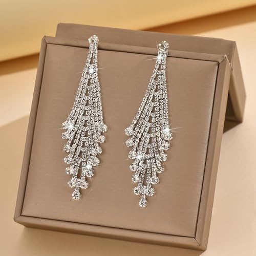 Rhinestone Earrings Prom Earrings for Women Sparkly Long Tassel Chandelier Drop Statement Earring Jewerly Gifts Wedding Party Prom Dresses Accessories - color: A6:silver dangle earrings