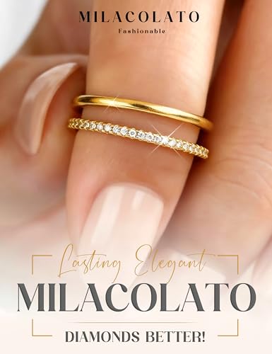 MILACOLATO 2Pcs Solid 925 Sterling Silver Rings for Women 1.3mm Thin Non Tarnish White Gold Plated Plain Thumb Stackable Rings Half Cubic Zirconia Wedding Eternity Band Rings Size 5-10 - color: 14K Gold Plated