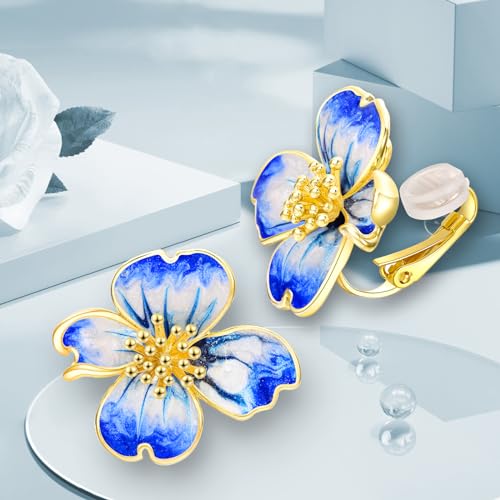 Clip on Earrings Women, 14K Gold Plated Earrings for Sensitive Ears, Fashion Women's Earrings Jewelry Birthday Gift for Wife Grandma Daughter Girls on Christmas Thanksgiving - color: Gold Blue Earrings