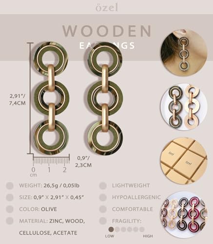 Ozel - Natural Wooden Acrylic Boho Drop Dangle Earrings for Women - Geometric Statement Jewellery - Brown, Black, Magent Red, Olive Green, White beige - color: 3Circle_Olive