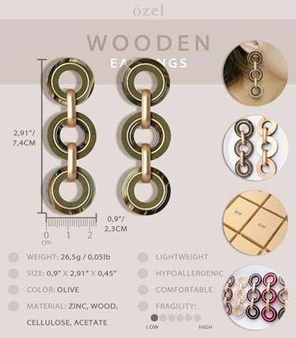 Ozel - Natural Wooden Acrylic Boho Drop Dangle Earrings for Women - Geometric Statement Jewellery - Brown, Black, Magent Red, Olive Green, White beige - color: 3Circle_Olive