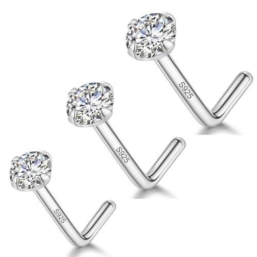 LUCKYJEWUS 3Pcs 925 Sterling Silver Nose Rings Studs Set, 18G/20G/22G L Shaped CZ Diamond Nose Studs for Women & Men, 2mm 2.5mm 3mm Hypoallergenic Nose Piercing Jewelry - size: 3pcs - 20G