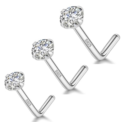 LUCKYJEWUS 3Pcs 925 Sterling Silver Nose Rings Studs Set, 18G/20G/22G L Shaped CZ Diamond Nose Studs for Women & Men, 2mm 2.5mm 3mm Hypoallergenic Nose Piercing Jewelry - size: 3pcs - 20G