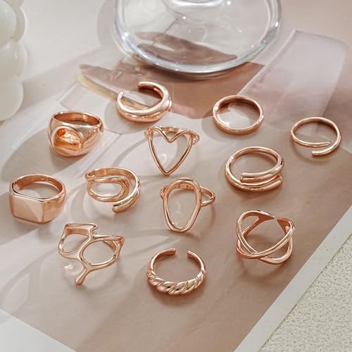 FAXHION 12PCS Gold Stackable Rings Set for Women, 18K Gold Plated Open Stacking Knuckle Ring, Adjustable Chunky Signet Band Statement Ring for Gift - color: 1-Rose-12pcs