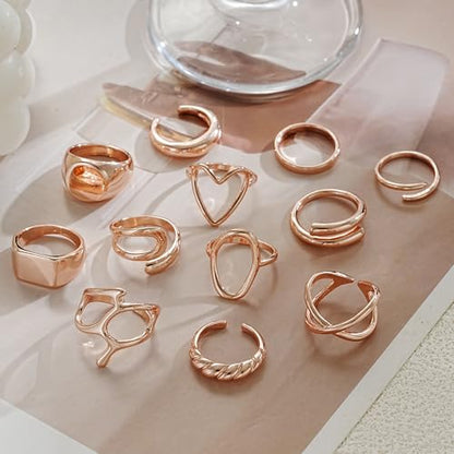 FAXHION 12PCS Gold Stackable Rings Set for Women, 18K Gold Plated Open Stacking Knuckle Ring, Adjustable Chunky Signet Band Statement Ring for Gift - color: 1-Rose-12pcs