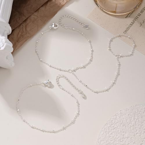 Bracelets for Women, Dainty Gold Silver Ring Bracelet Hand Chain | Cubic Zirconia Pearl Charms, 14K Gold Plated, Adjustable Fit, Trendy Stackable Link Chain, Waterproof Jewelry, Gift for Her - color: Silver-dot hand chain bracelet-2 pieces