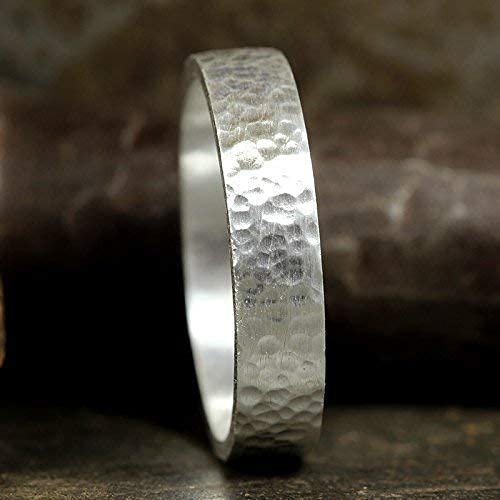 925 Sterling Silver Wedding Ring Hammered Flat Pipe Cut Textured Thick & Durable Handmade Unisex Mens & Women Rustic Engagement Promise Band - US Size 4-13 - Custom Engraving - color: 01 - 5mm Silver