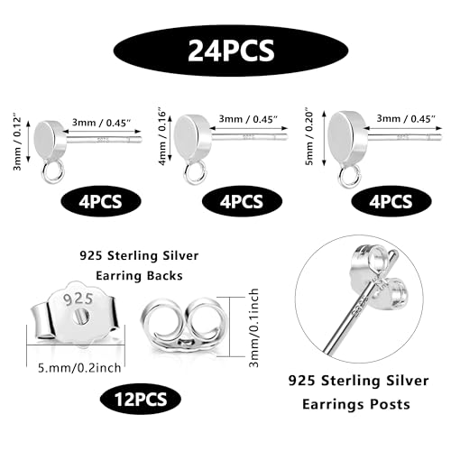 925 Sterling Silver Earrings Making Flat Studs Posts with Loop Ear Backs | Hypoallergenic 3/4/5mm Ball/Flat Stud Post Replace Butterfly Ear Backs for Dangle Charm Pendant Earring Jewelry Making Set - color: Flat_Silver