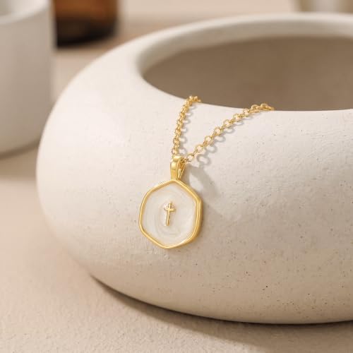 14K Gold/Silver Plated Cross Necklace for Women White Enamel Pendant | Unique Brass Irregular Disc Cross, Dainty Minimalist Faith Jewelry for Everyday Wear, Comes in a Beautiful Box - style: gold style1