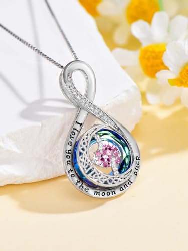 TOUPOP Birthstone Necklace for Women 925 Sterling Silver Moon and Star Pendant Necklaces I Love You to the Moon and Back Jewelry Anniversary Birthday Gifts for Her Wife Girlfriend Mom - color: 10-Oct-Pink Tourmaline
