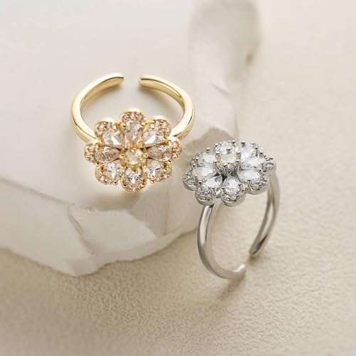 NewZenro Rhinestone Flower Adjustable Open Rings for Women Silver/Gold Plated Sparkling Crystal Floral Statement Finger Band Wrap Rings Comfort Fit Dainty Wedding Jewelry - color: Silver