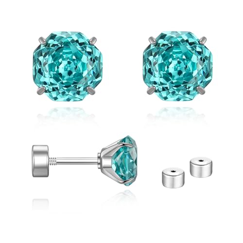Zircon Flat Back Screw Hypoallergenic Surgical Steel Stud Earrings - color: Paraiba Green, size: 1ct - 0.24 Inch (6mm)