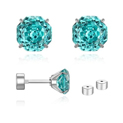 Zircon Flat Back Screw Hypoallergenic Surgical Steel Stud Earrings - color: Paraiba Green, size: 1ct - 0.24 Inch (6mm)
