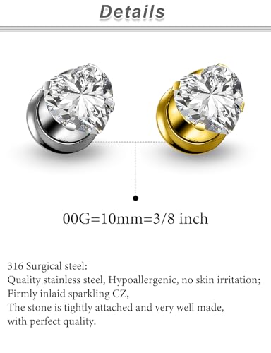 10G-00G Gold Silver Plated Heart Zircon Gauges for Ears 316L Surgical Steel Internally Threaded Screw Fit Single Flared Tunnels Plugs Earrings Hollow Gauges for Women Men - color: 00G= 10mm = 3/8 inch