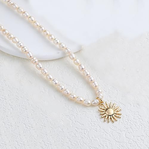 wgoud Natural Freshwater Pearl Choker Necklace for Women, Trendy 14K Gold Plated Pearl Necklaces Handmade Jewelry Gift - color: Sun Necklace